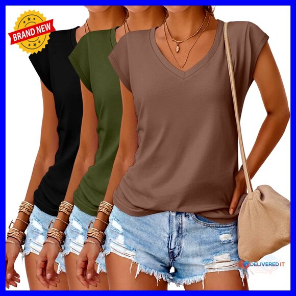 V Neck Cap Sleeve Tees Loose Fit Summer Casual Tops 3 Pack Trendy Shirts